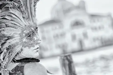 Máscara de carnaval con plumas en blanco y negro