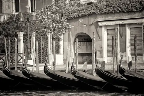 Góndolas en blanco y negro junto a un muelle
